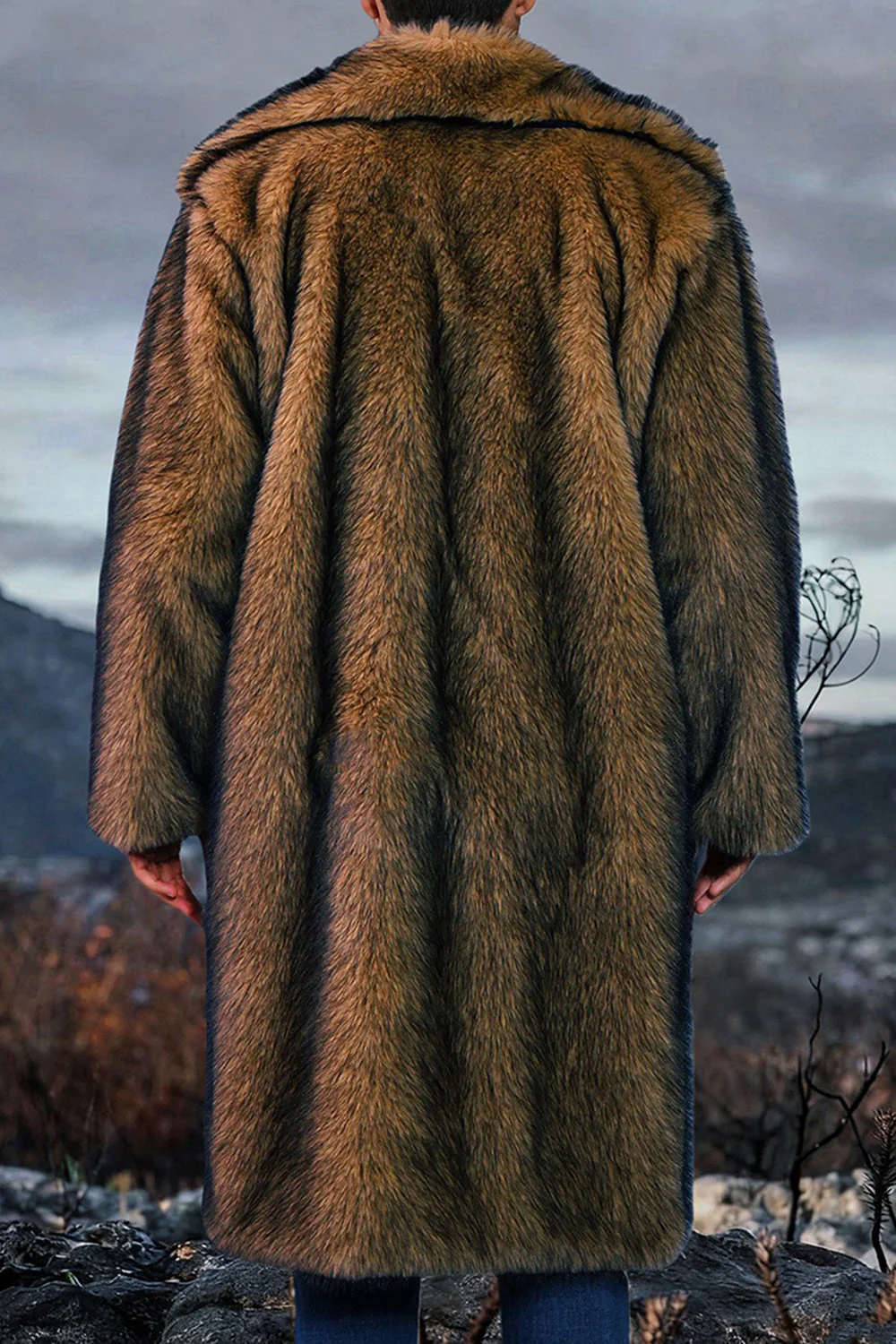 White Shawl Lapel Faux Fur Long Men's Coat - Image 18