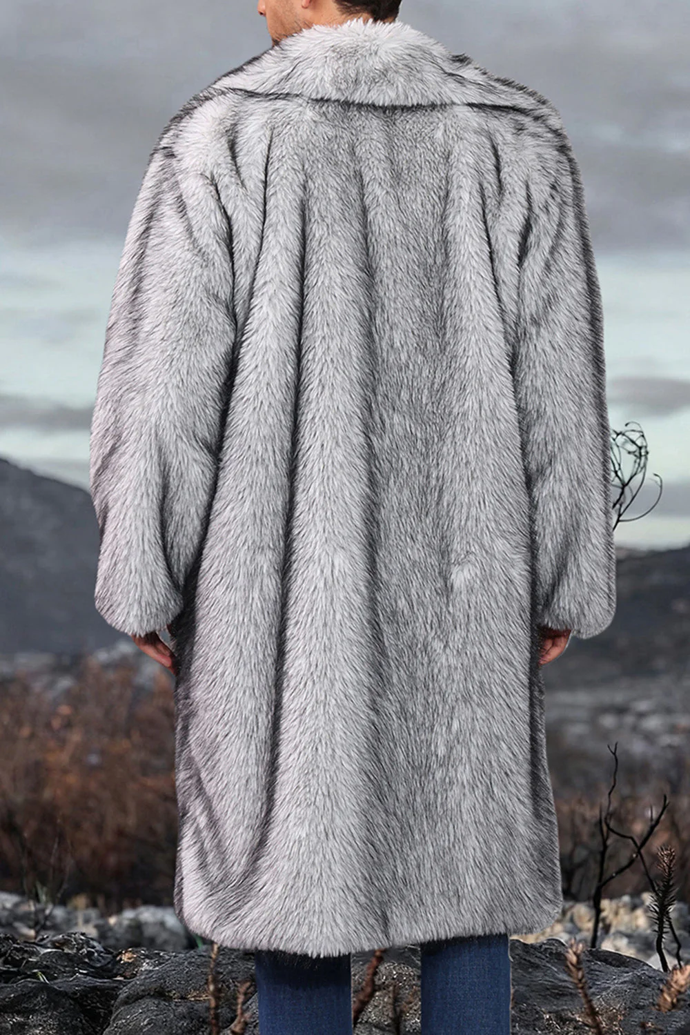 White Shawl Lapel Faux Fur Long Men's Coat - Image 2