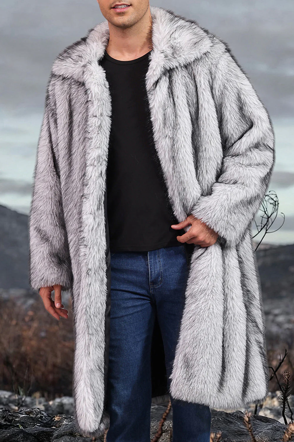 White Shawl Lapel Faux Fur Long Men's Coat - Image 3