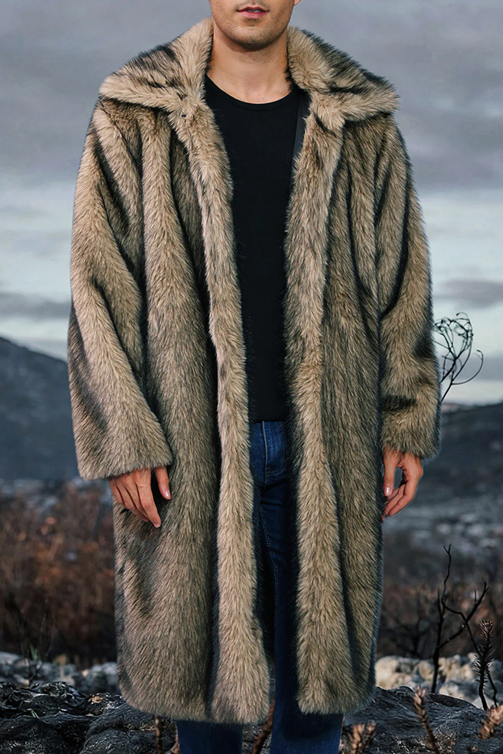 White Shawl Lapel Faux Fur Long Men's Coat - Image 6