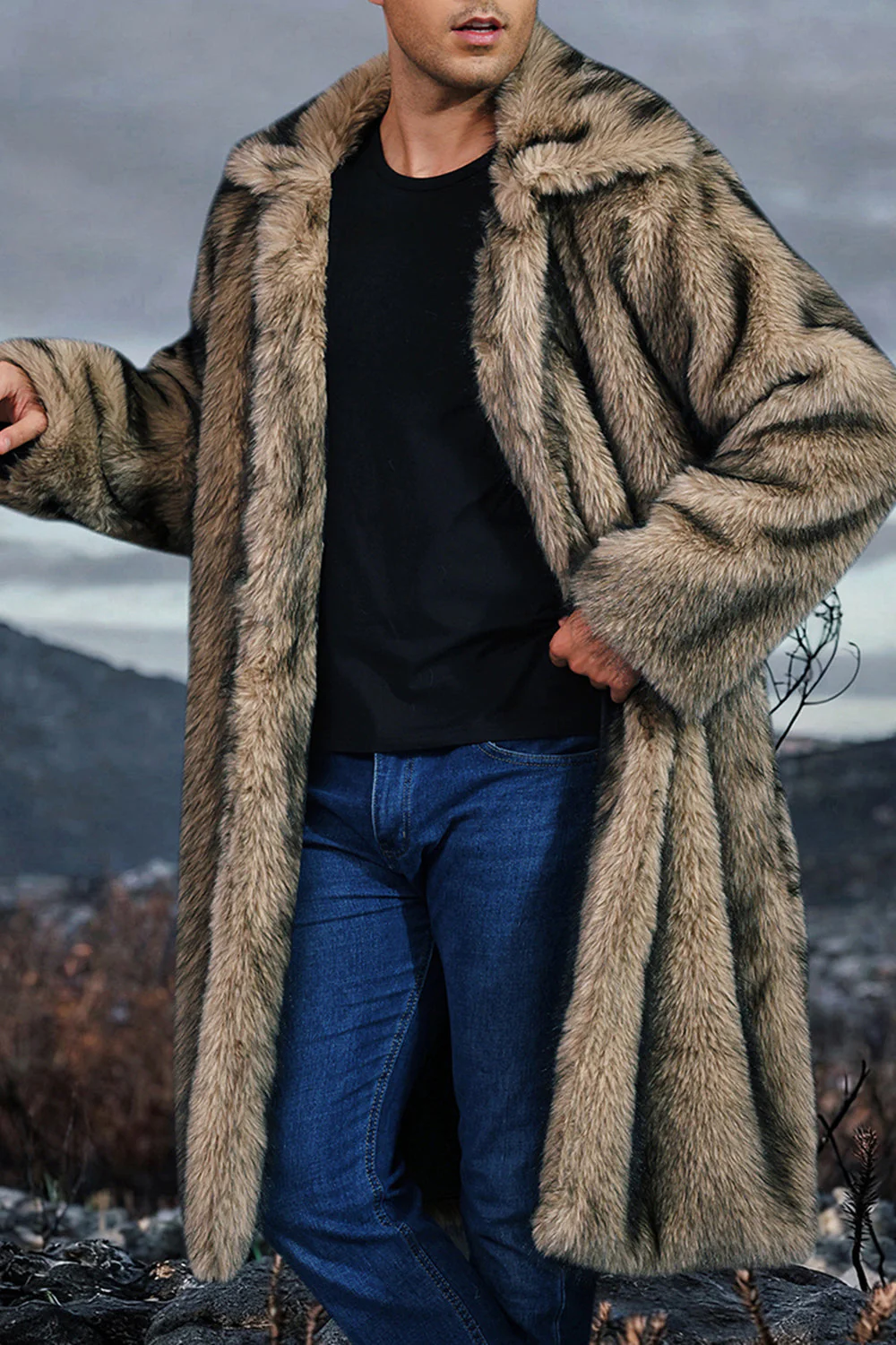 White Shawl Lapel Faux Fur Long Men's Coat - Image 7