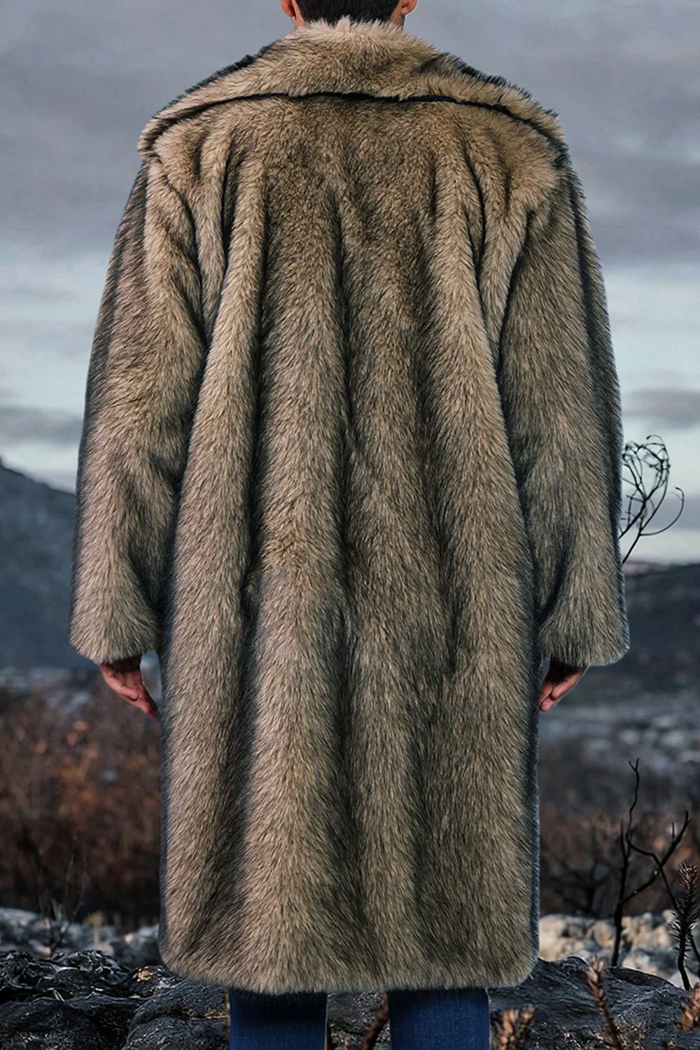 White Shawl Lapel Faux Fur Long Men's Coat - Image 8