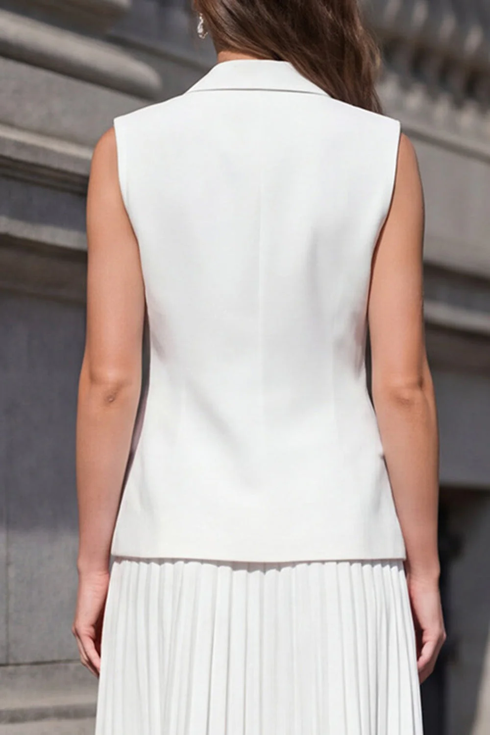 White Shawl Lapel Pleated 2 Piece A Line Midi Work Dress - Image 4