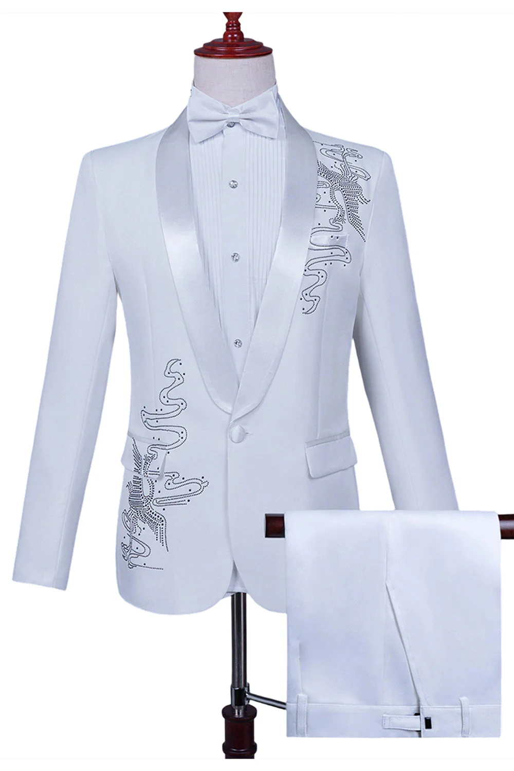 White Shawl Lapel Slim Fit 2 Piece Men's Prom Suit with Beading - Image 10