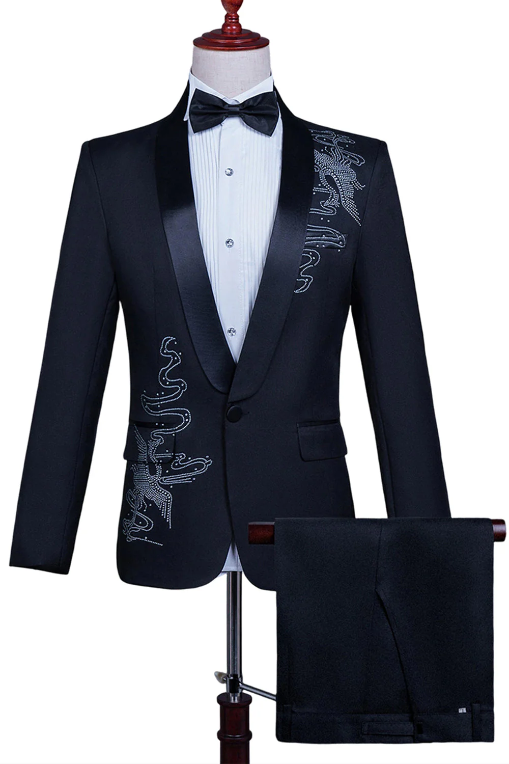 White Shawl Lapel Slim Fit 2 Piece Men's Prom Suit with Beading - Image 11