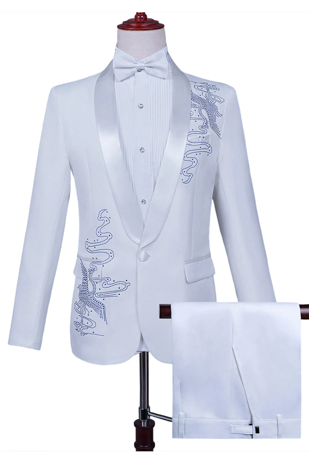 White Shawl Lapel Slim Fit 2 Piece Men's Prom Suit with Beading - Image 12