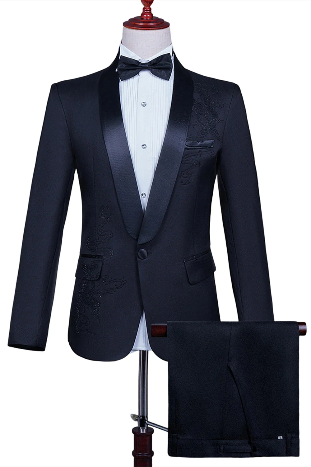 White Shawl Lapel Slim Fit 2 Piece Men's Prom Suit with Beading - Image 4