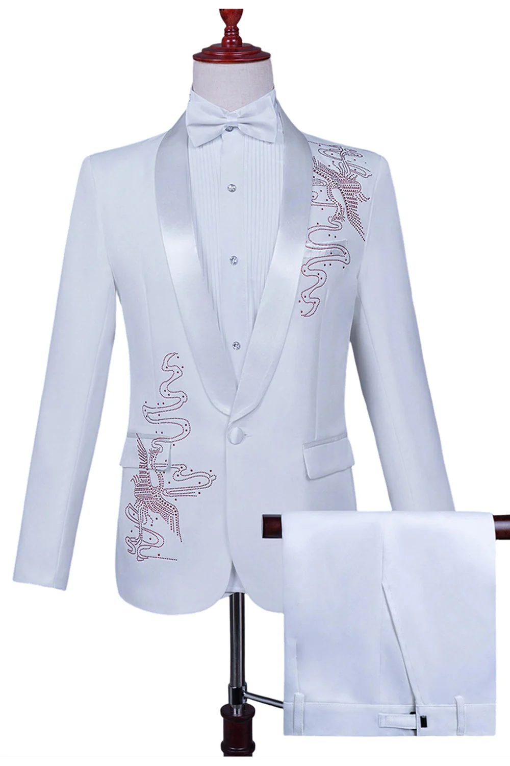 White Shawl Lapel Slim Fit 2 Piece Men's Prom Suit with Beading - Image 6