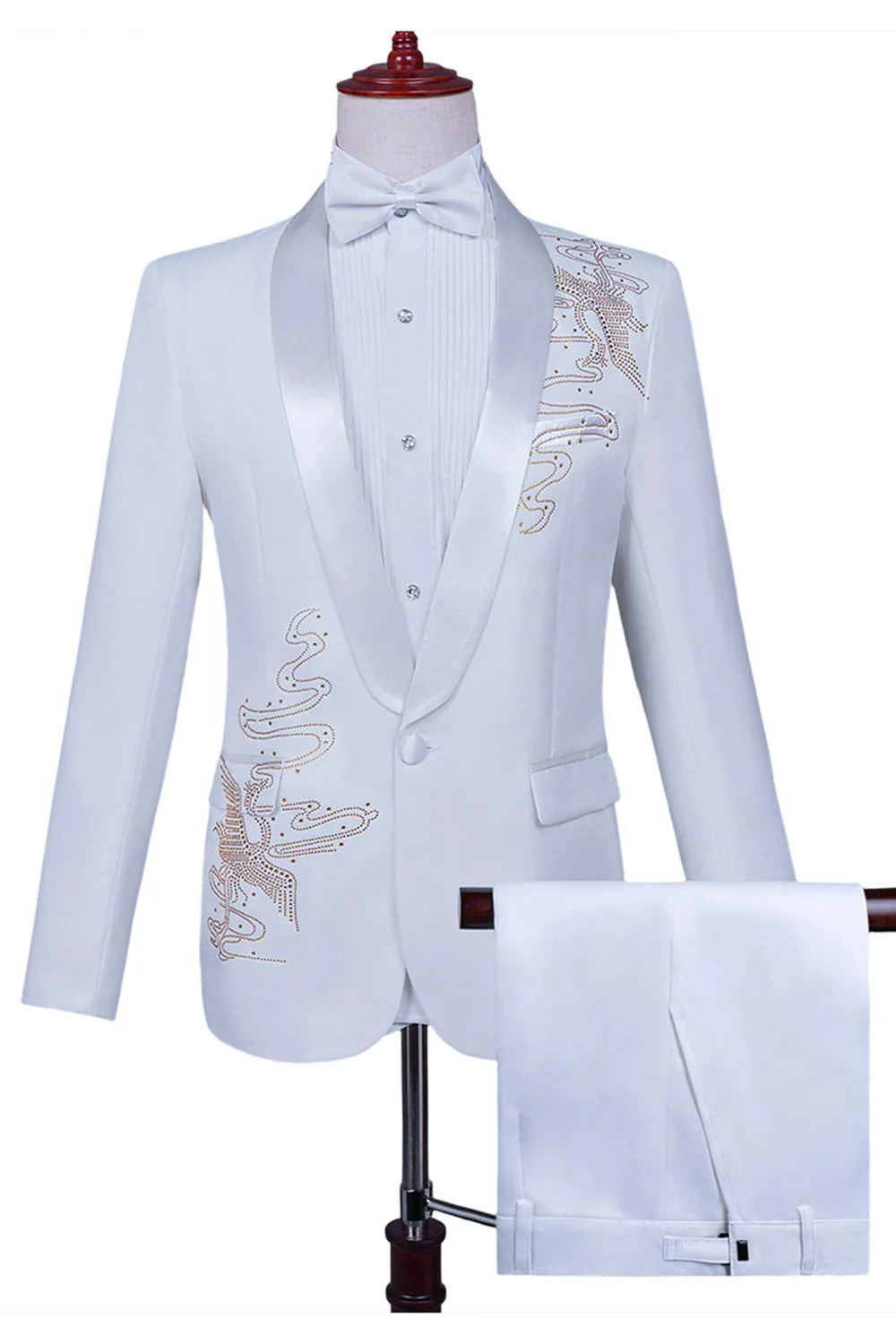 White Shawl Lapel Slim Fit 2 Piece Men's Prom Suit with Beading - Image 9