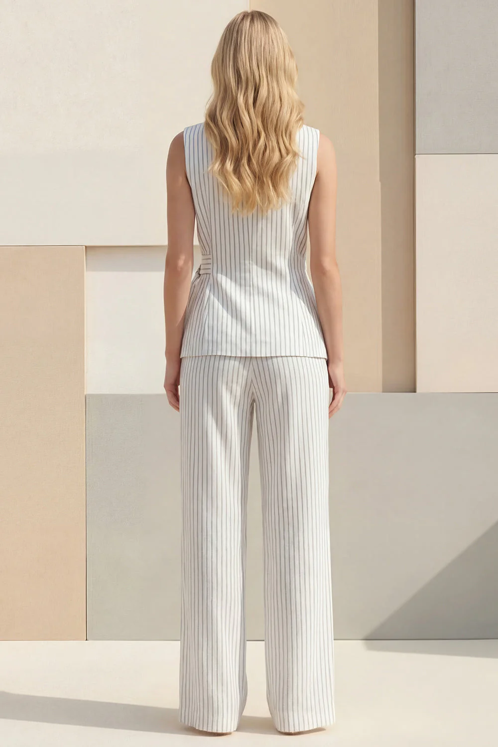 White Striped Shawl Lapel Wide Leg 2 Piece Business Suits with Belt - Image 2