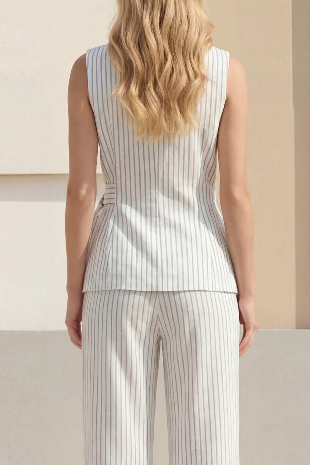 White Striped Shawl Lapel Wide Leg 2 Piece Business Suits with Belt - Image 4