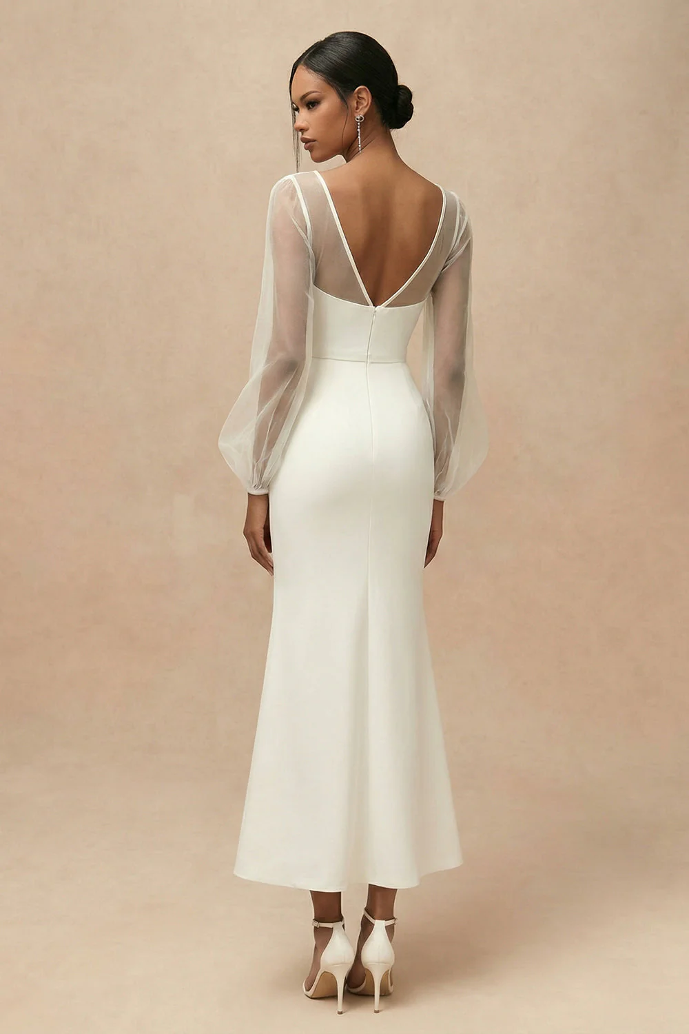 White Sheath Bateau Neck Long Engagement Dress with Long Sleeves - Image 2