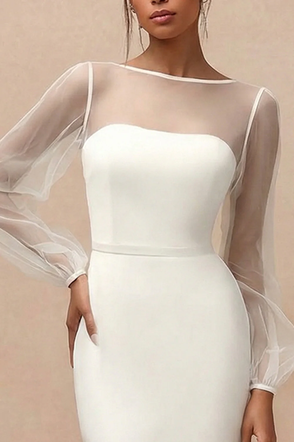 White Sheath Bateau Neck Long Engagement Dress with Long Sleeves - Image 3