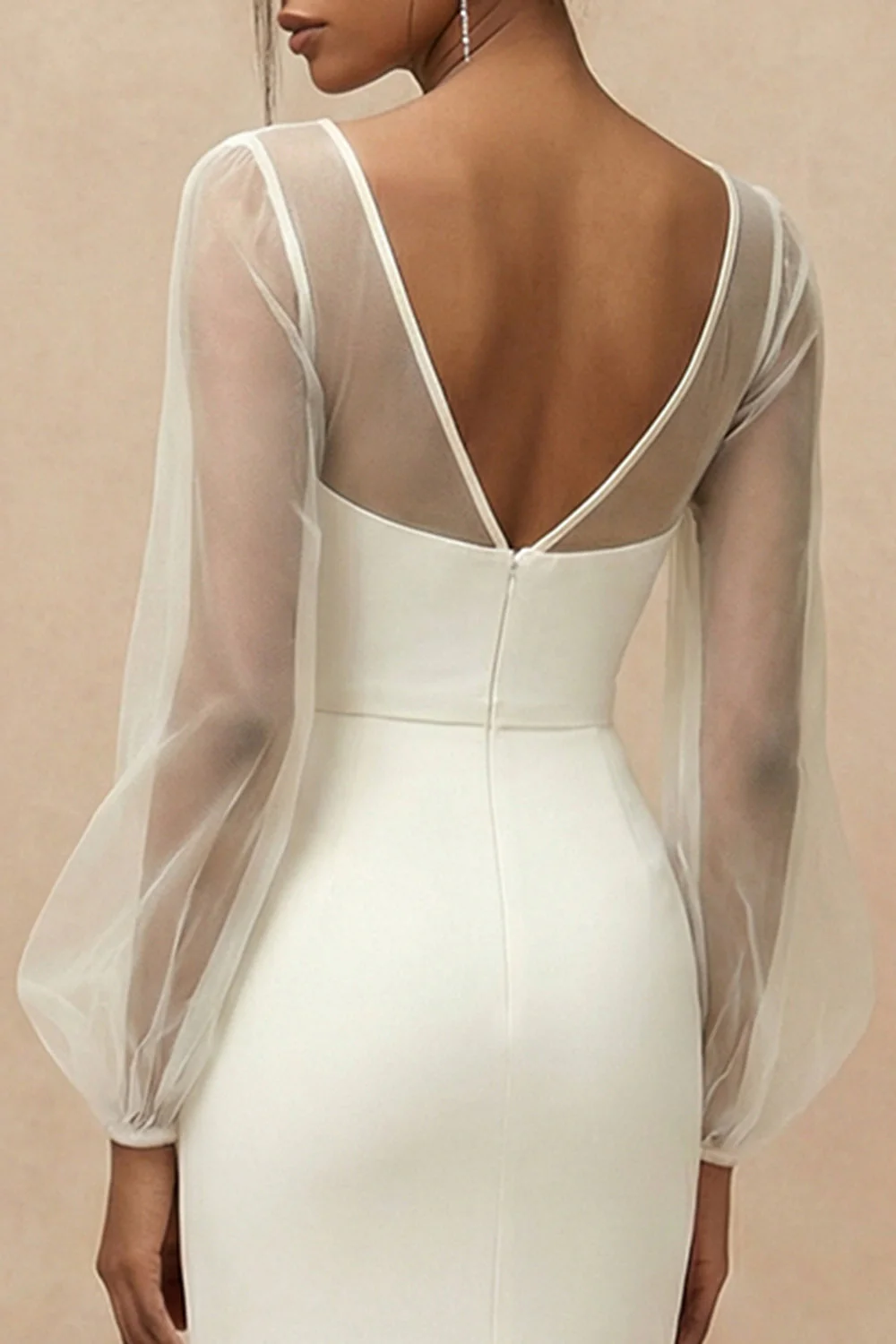 White Sheath Bateau Neck Long Engagement Dress with Long Sleeves - Image 4