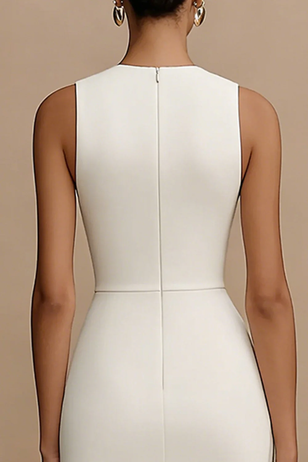 White Sheath Cut Out Round Neck Midi Satin Engagement Dress - Image 4