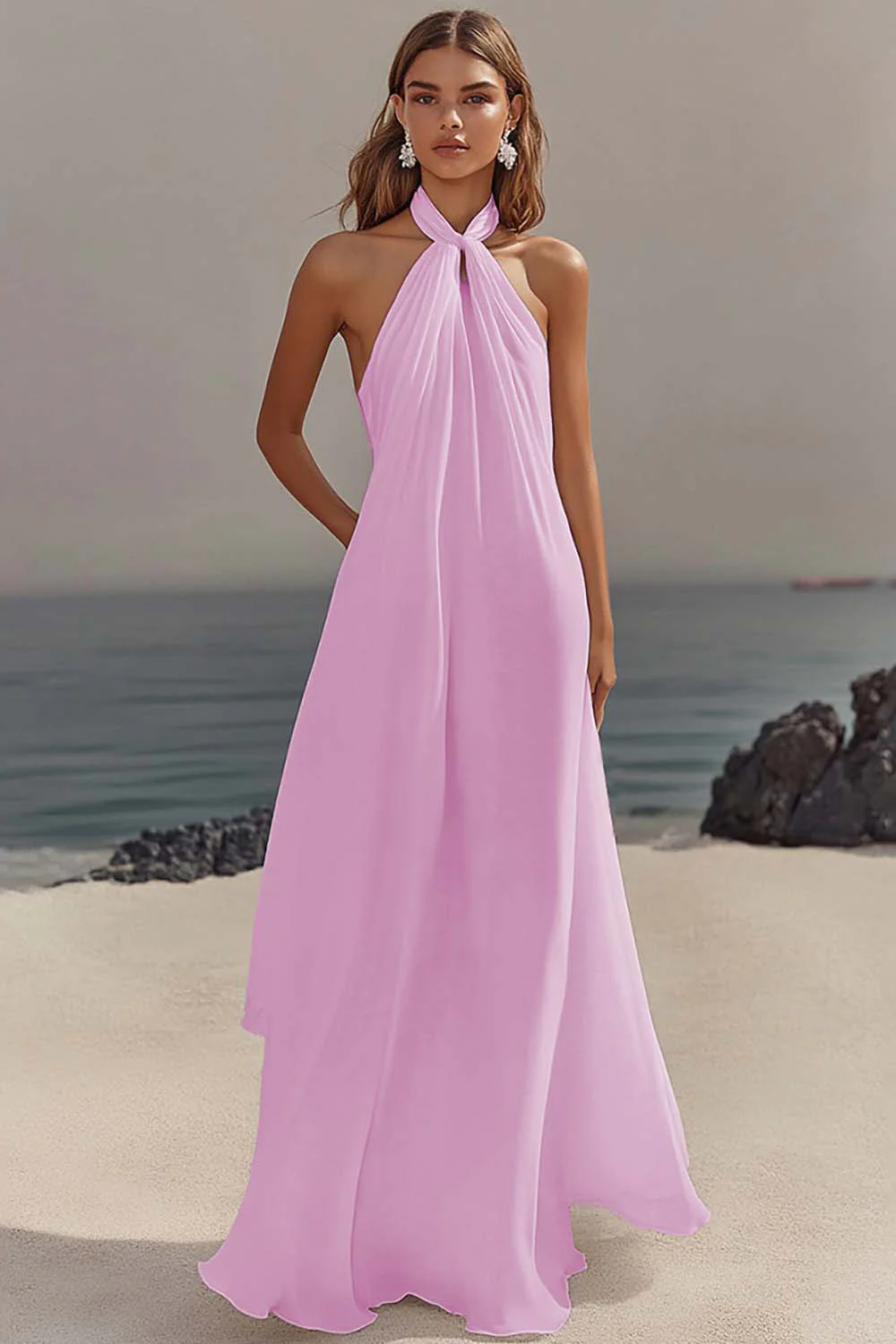 White Sheath Halter Chiffon Long Graduation Dress - Image 11