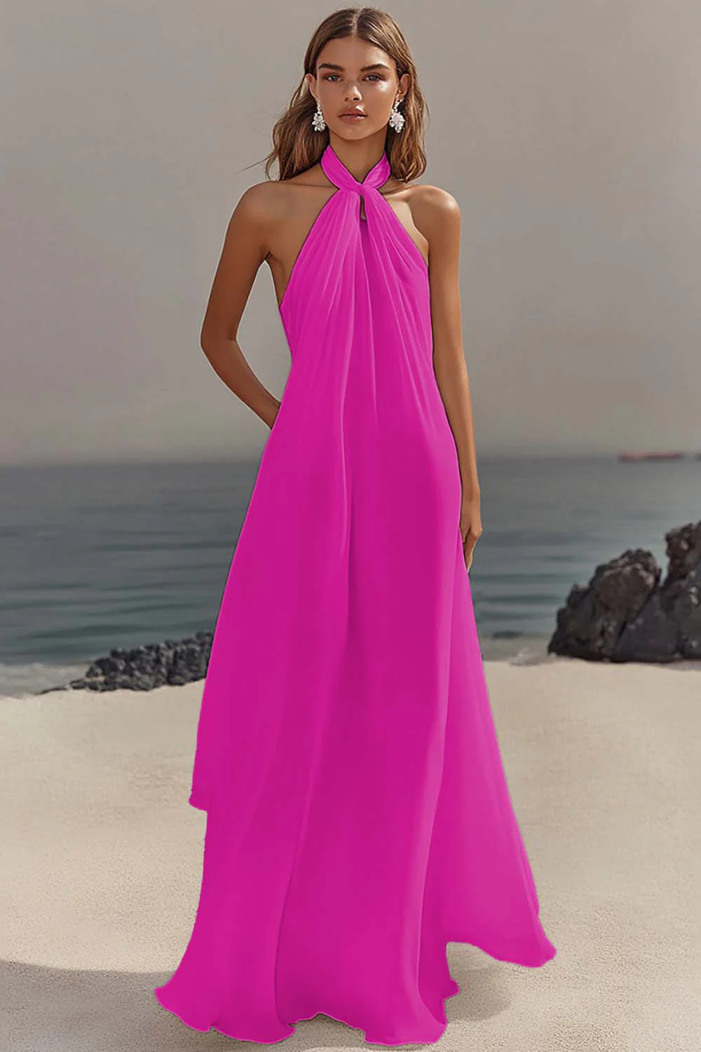 White Sheath Halter Chiffon Long Graduation Dress - Image 12
