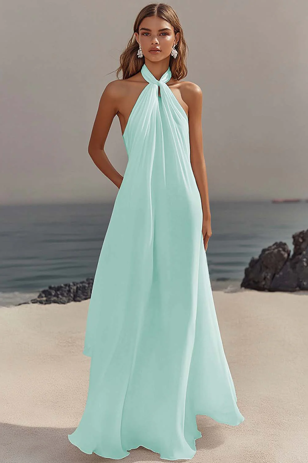 White Sheath Halter Chiffon Long Graduation Dress - Image 13