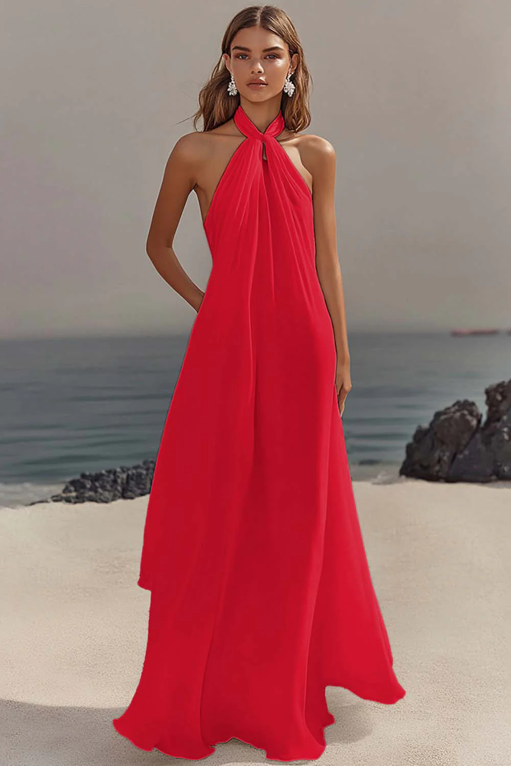 White Sheath Halter Chiffon Long Graduation Dress - Image 14
