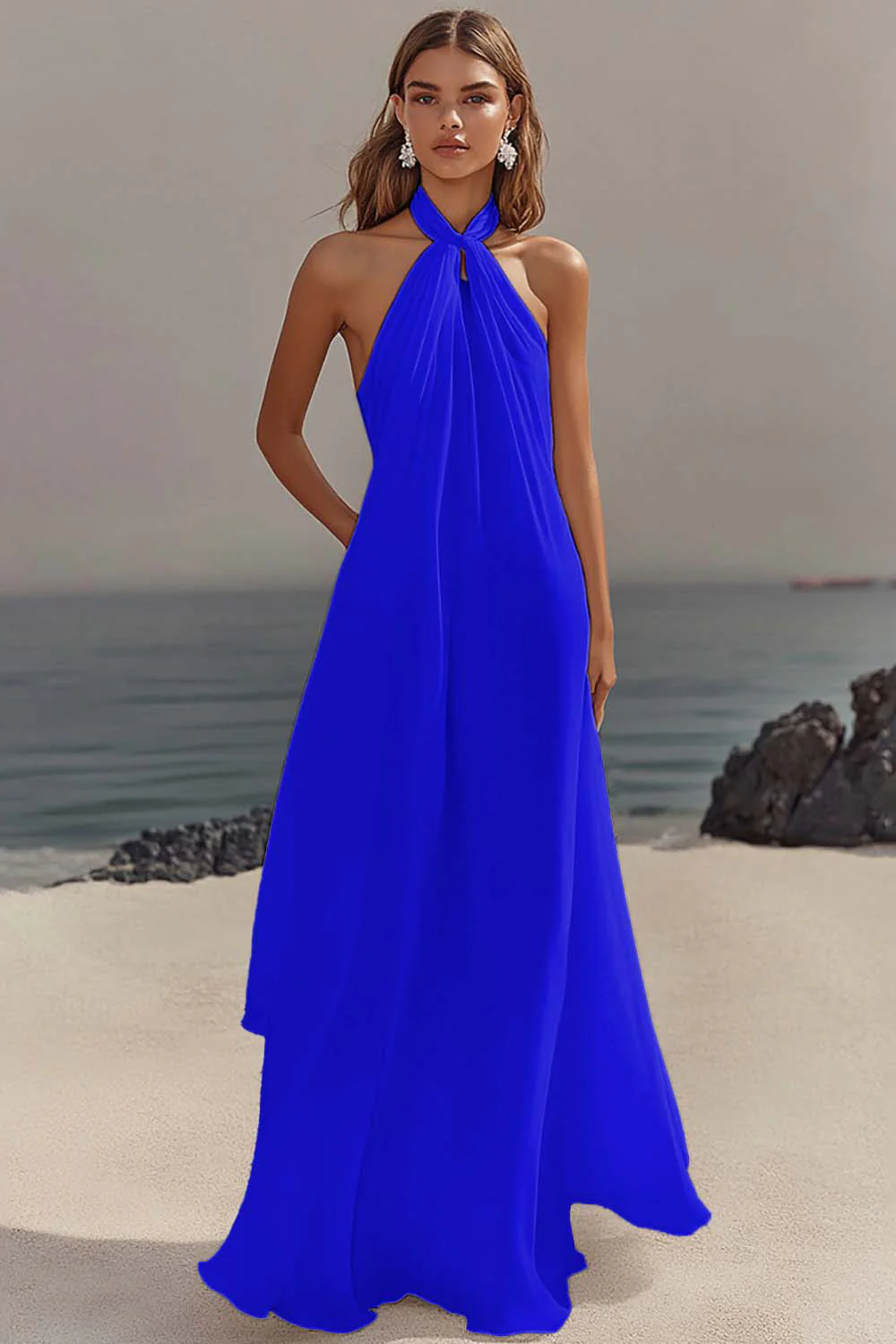 White Sheath Halter Chiffon Long Graduation Dress - Image 15