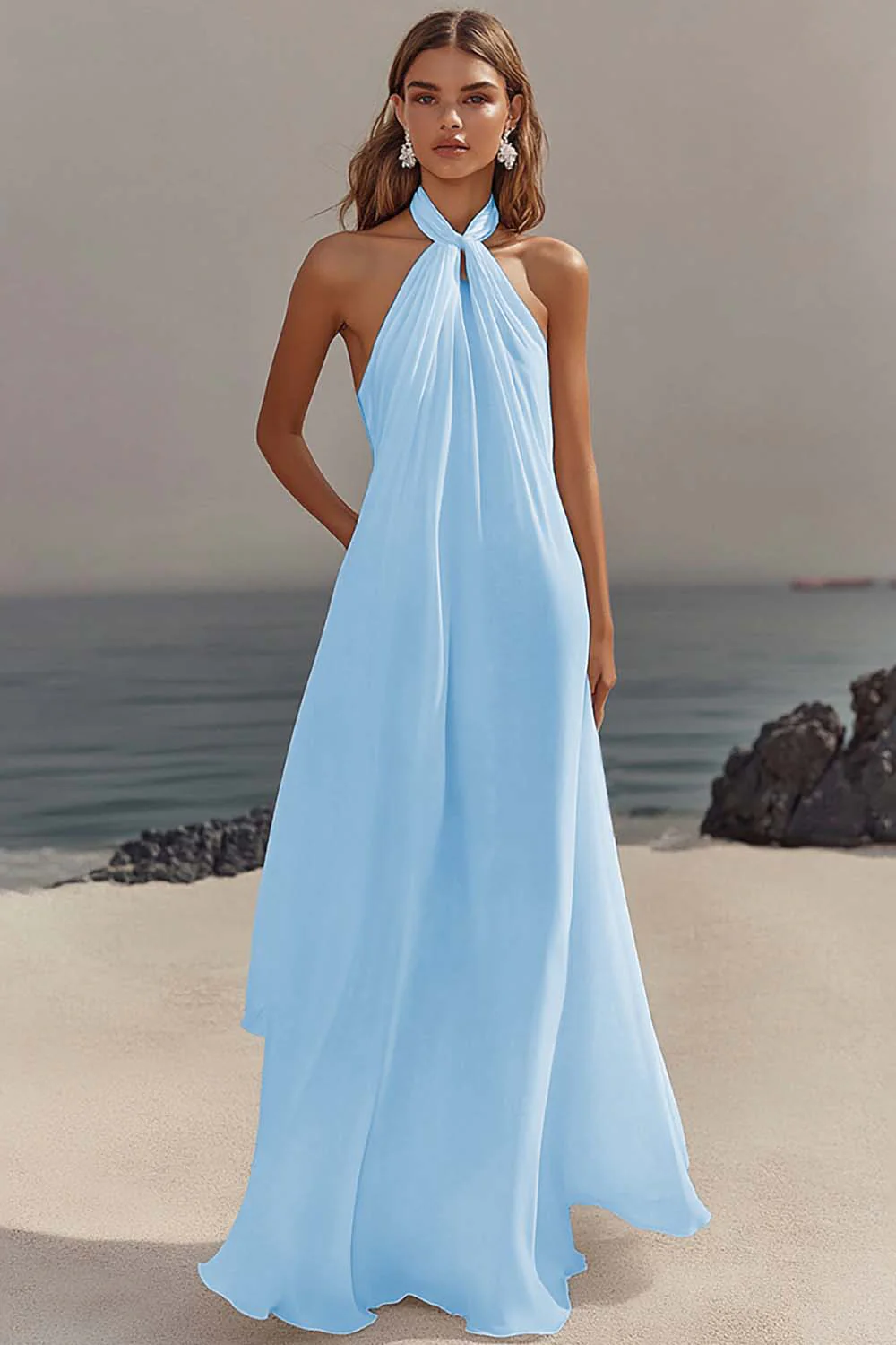 White Sheath Halter Chiffon Long Graduation Dress - Image 16