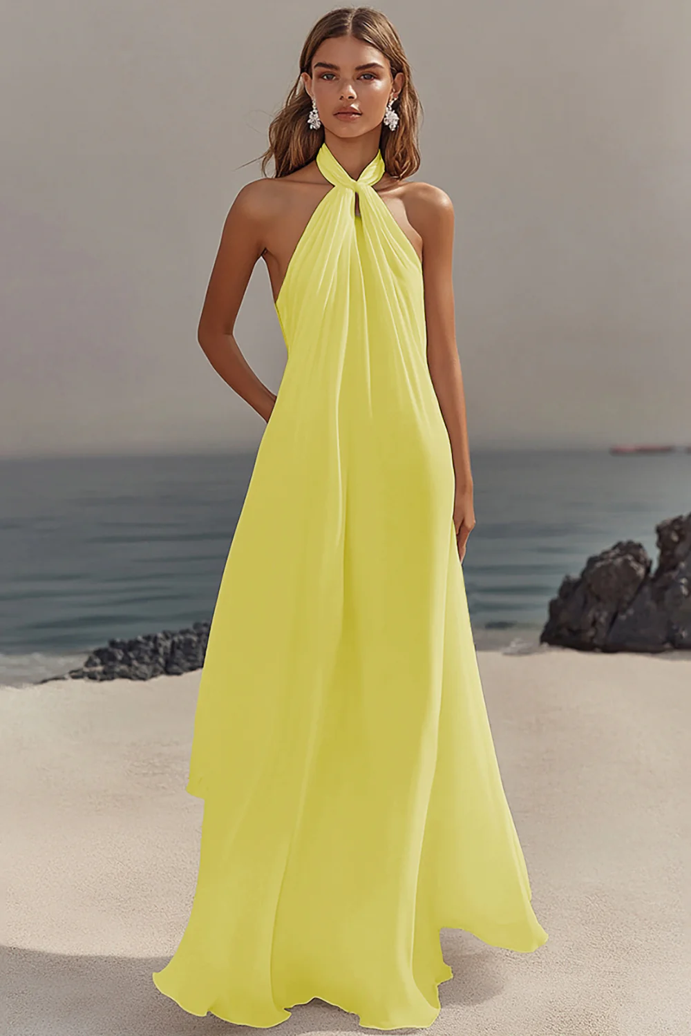 White Sheath Halter Chiffon Long Graduation Dress - Image 17