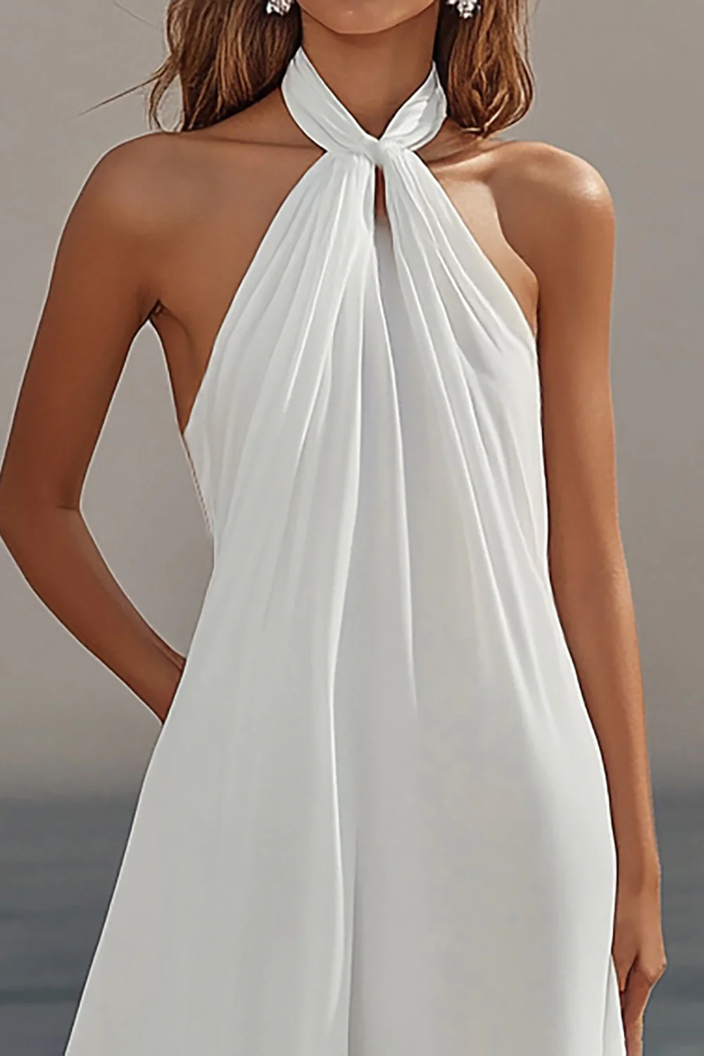 White Sheath Halter Chiffon Long Graduation Dress - Image 3