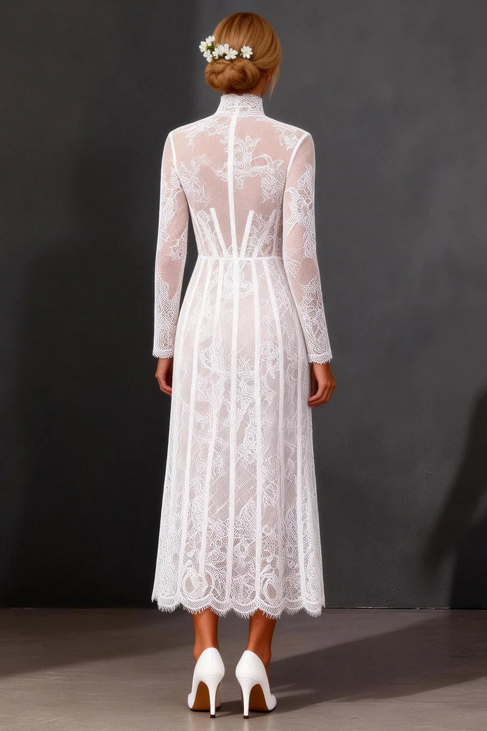 White Sheath Lace Long Sleeves Wedding Dress - Image 2