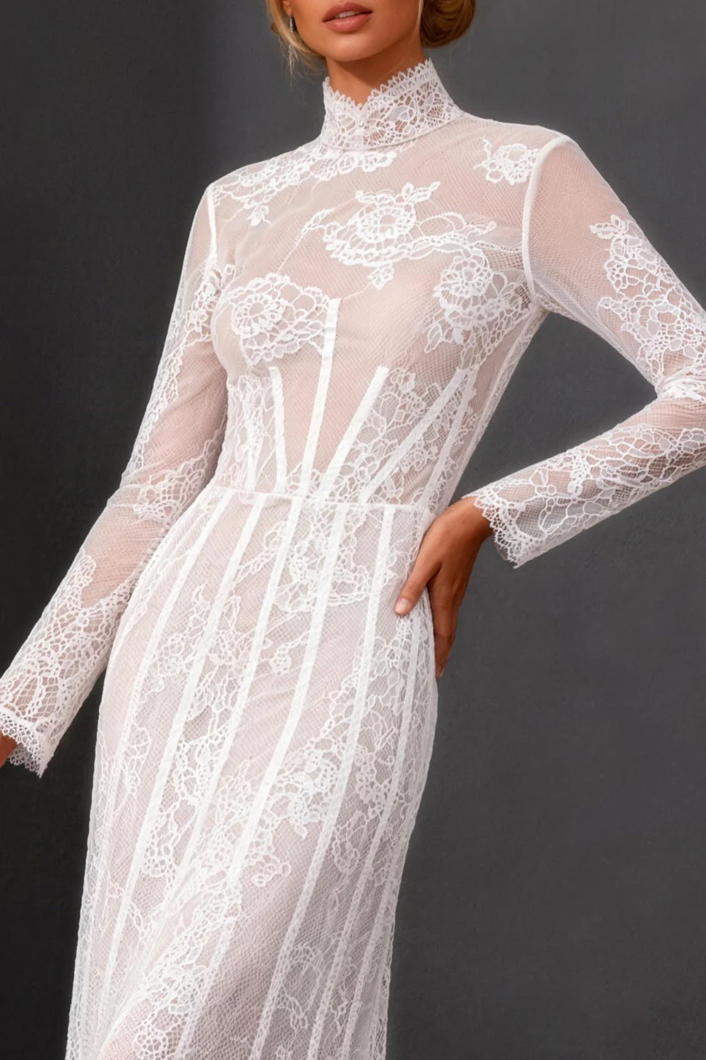 White Sheath Lace Long Sleeves Wedding Dress - Image 3