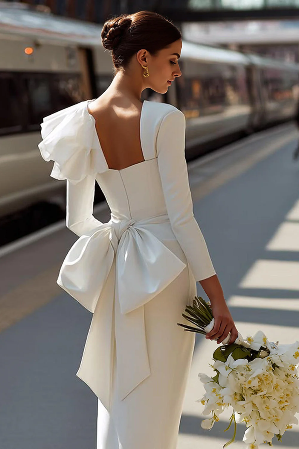 White Sheath Long Sleeve Courthouse Wedding Dress with Bow - Image 3