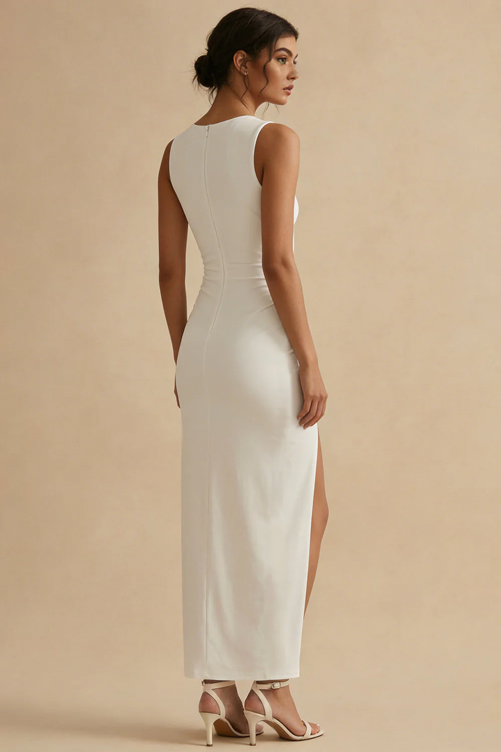 White Sheath Ruched Bateau Neck Long Engagement Dress with Slit - Image 2