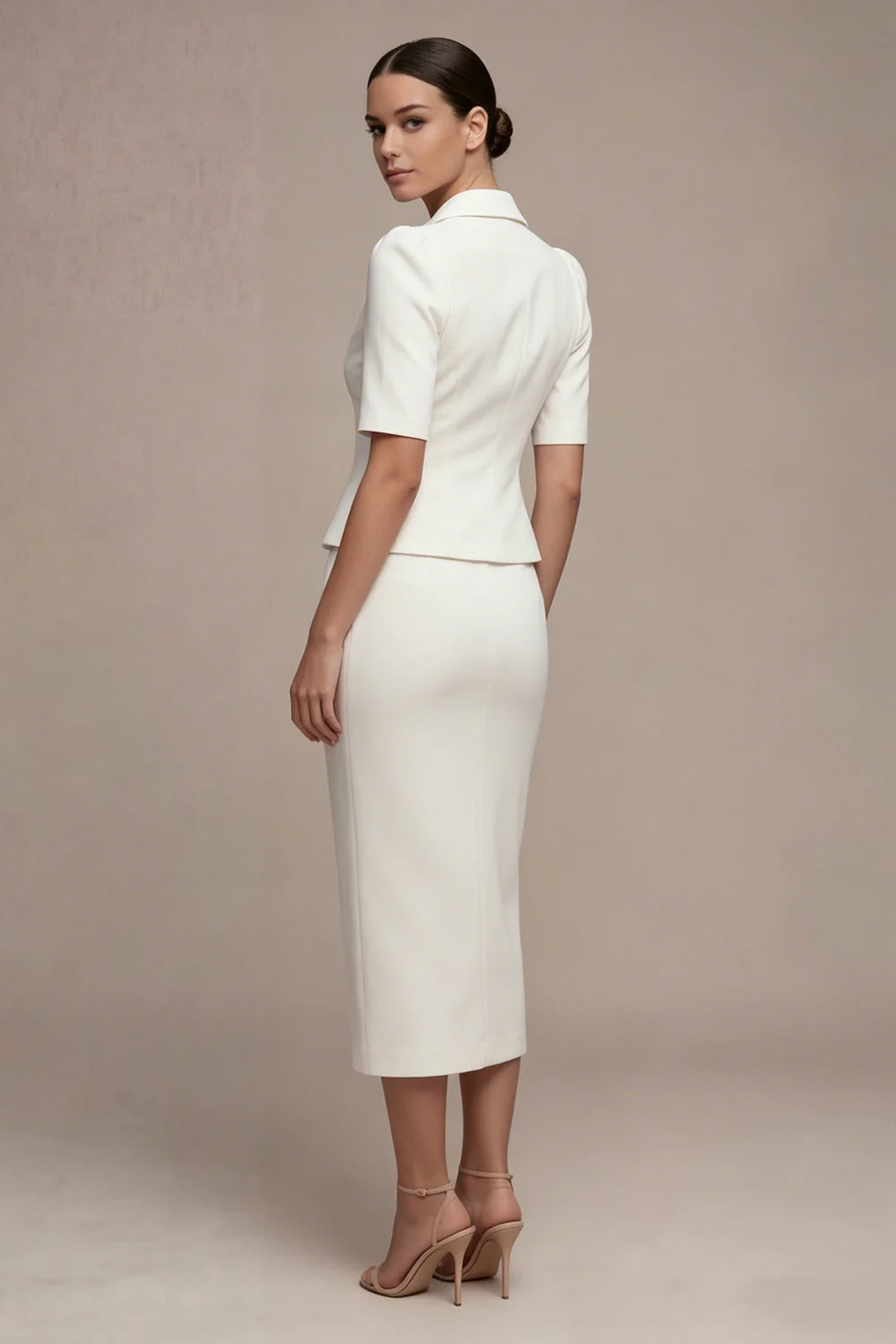 White 2 Piece Notched Lapel Half Sleeves Business Dress with Pockets - Image 2