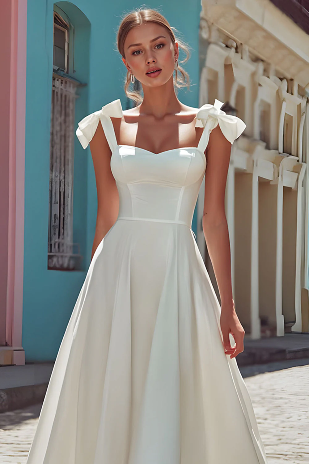 White Spaghetti Straps A-Line Midi Wedding Dress with Bow - Image 3