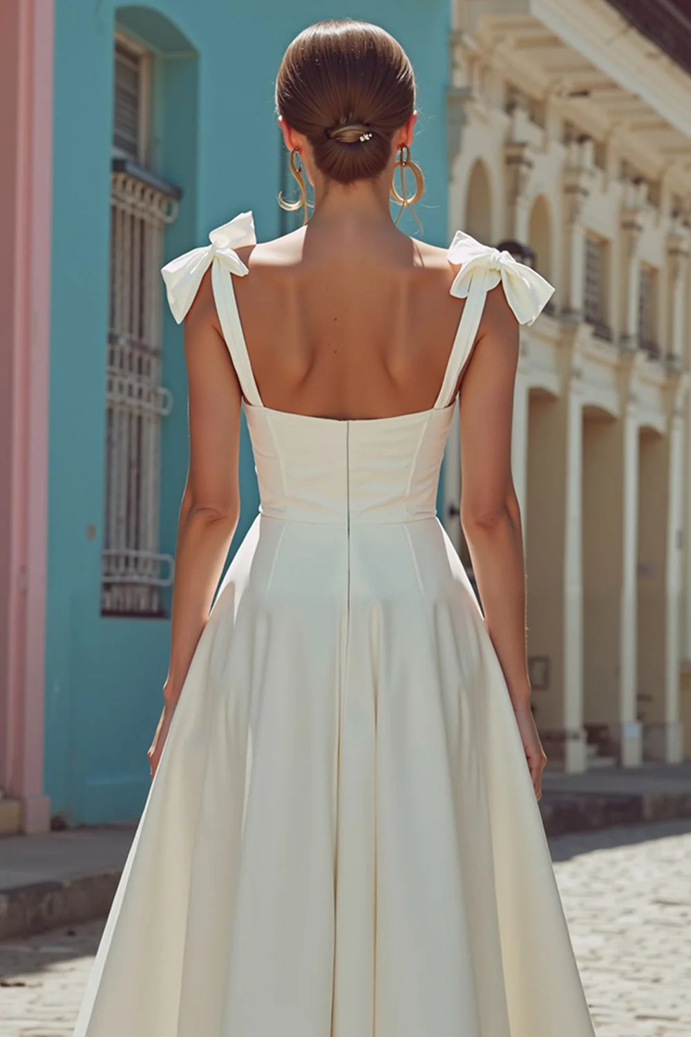 White Spaghetti Straps A-Line Midi Wedding Dress with Bow - Image 4