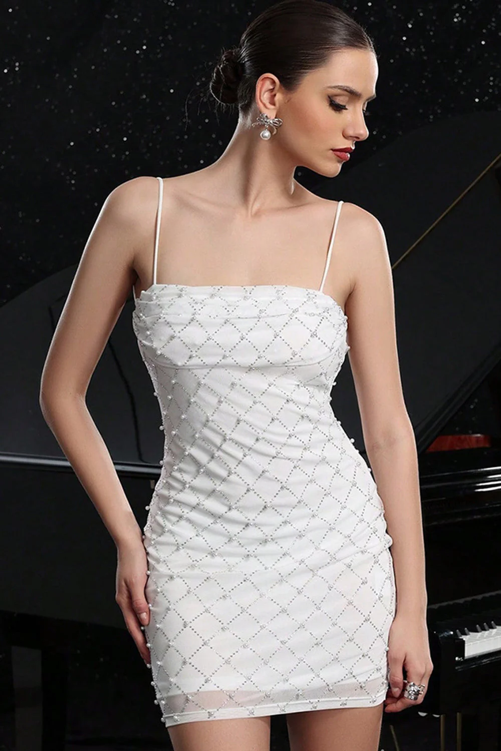 White Spaghetti Straps Bodycon Cocktail Dress with Pearls - Image 5