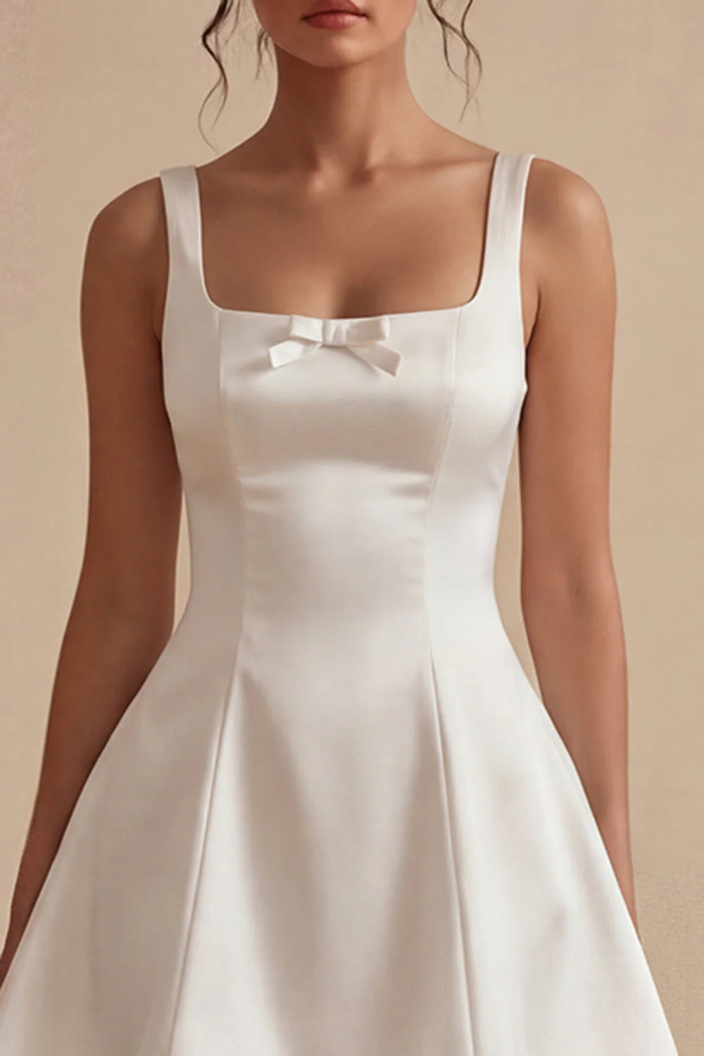 White Satin Square Neck A Line Simple Graduation Dress with Bow - Image 3