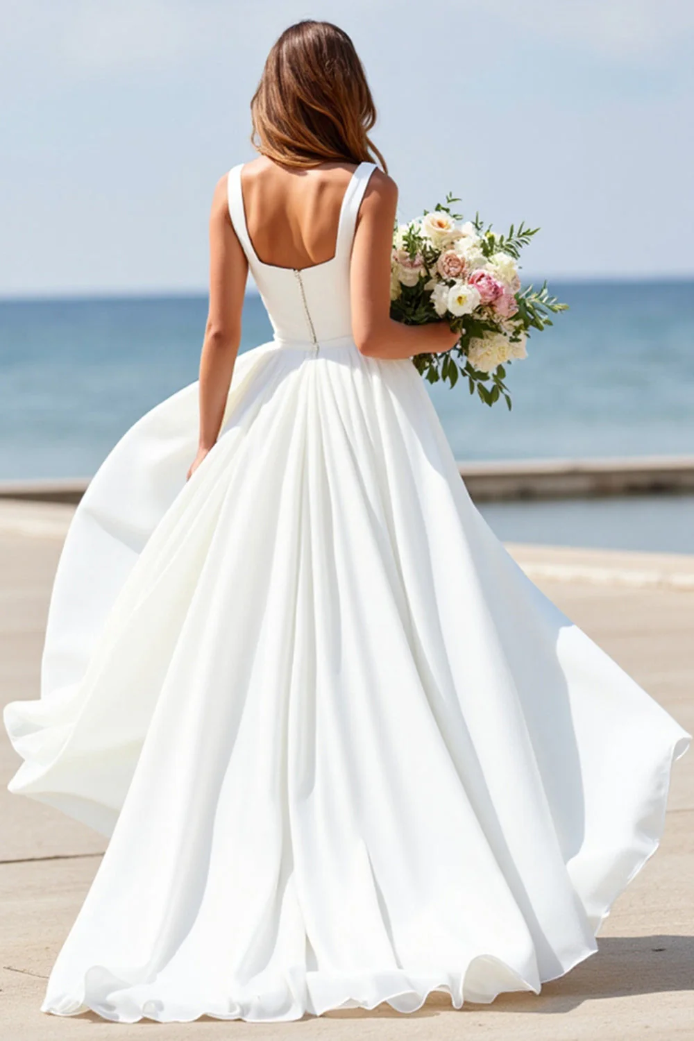 White Square Neck A Line Sleeveless Boho Maxi Wedding Dress - Image 2