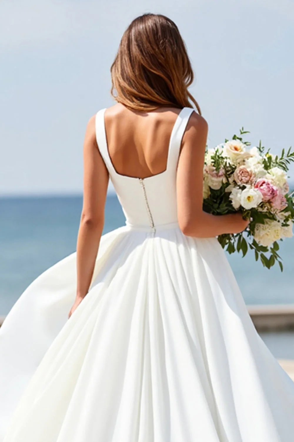 White Square Neck A Line Sleeveless Boho Maxi Wedding Dress - Image 4