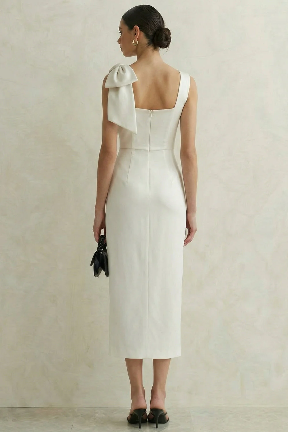 White Square Neck Sheath Midi Bridal Shower Dress with Bow - Image 2