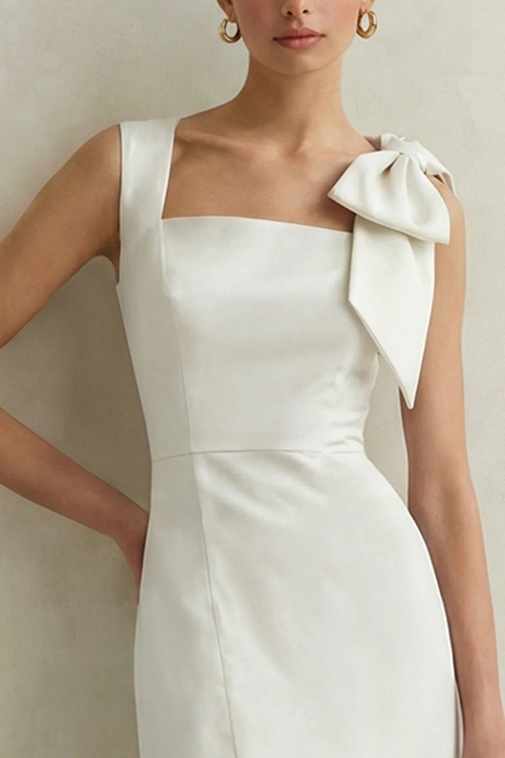 White Square Neck Sheath Midi Bridal Shower Dress with Bow - Image 3