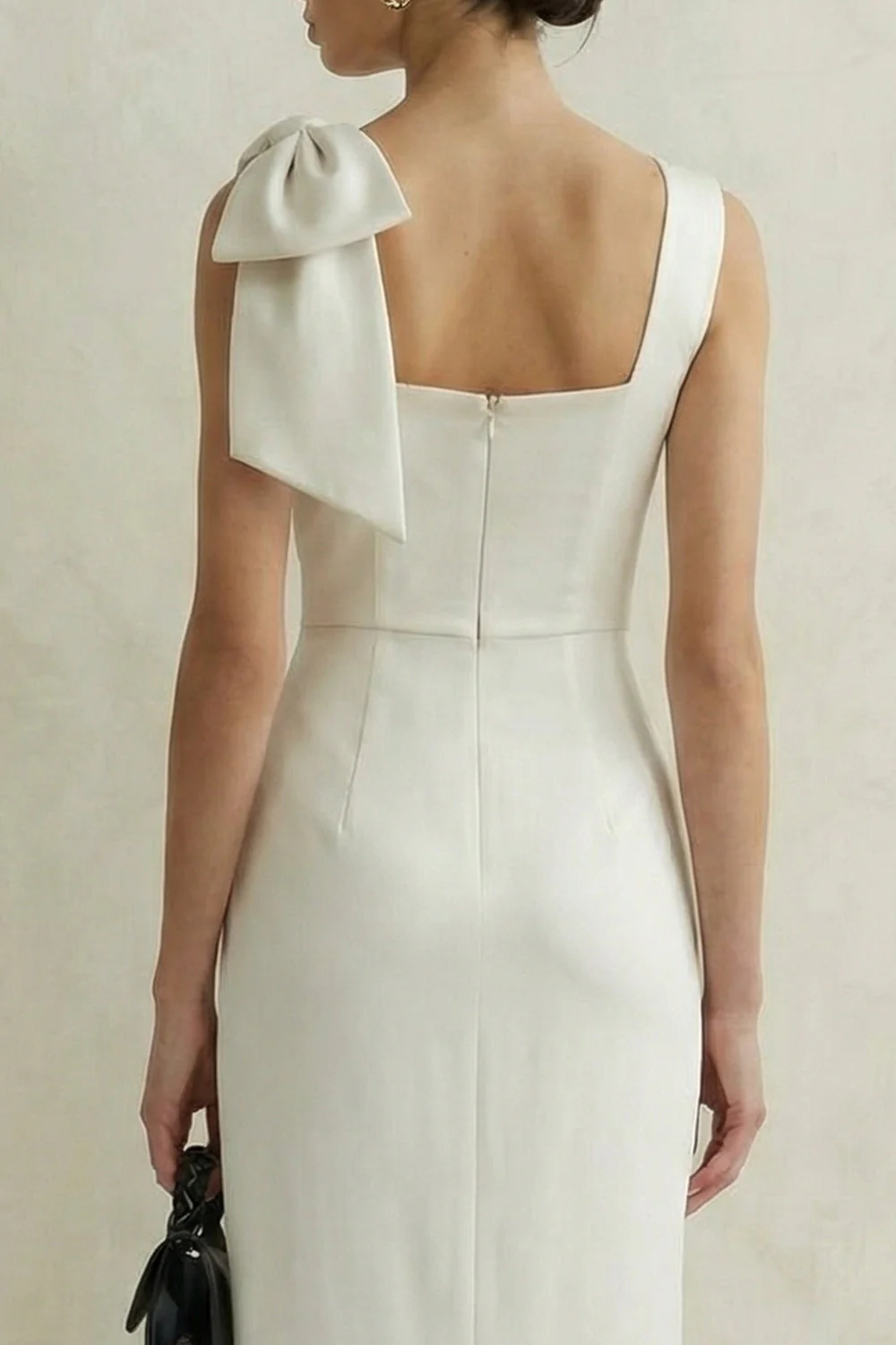 White Square Neck Sheath Midi Bridal Shower Dress with Bow - Image 4