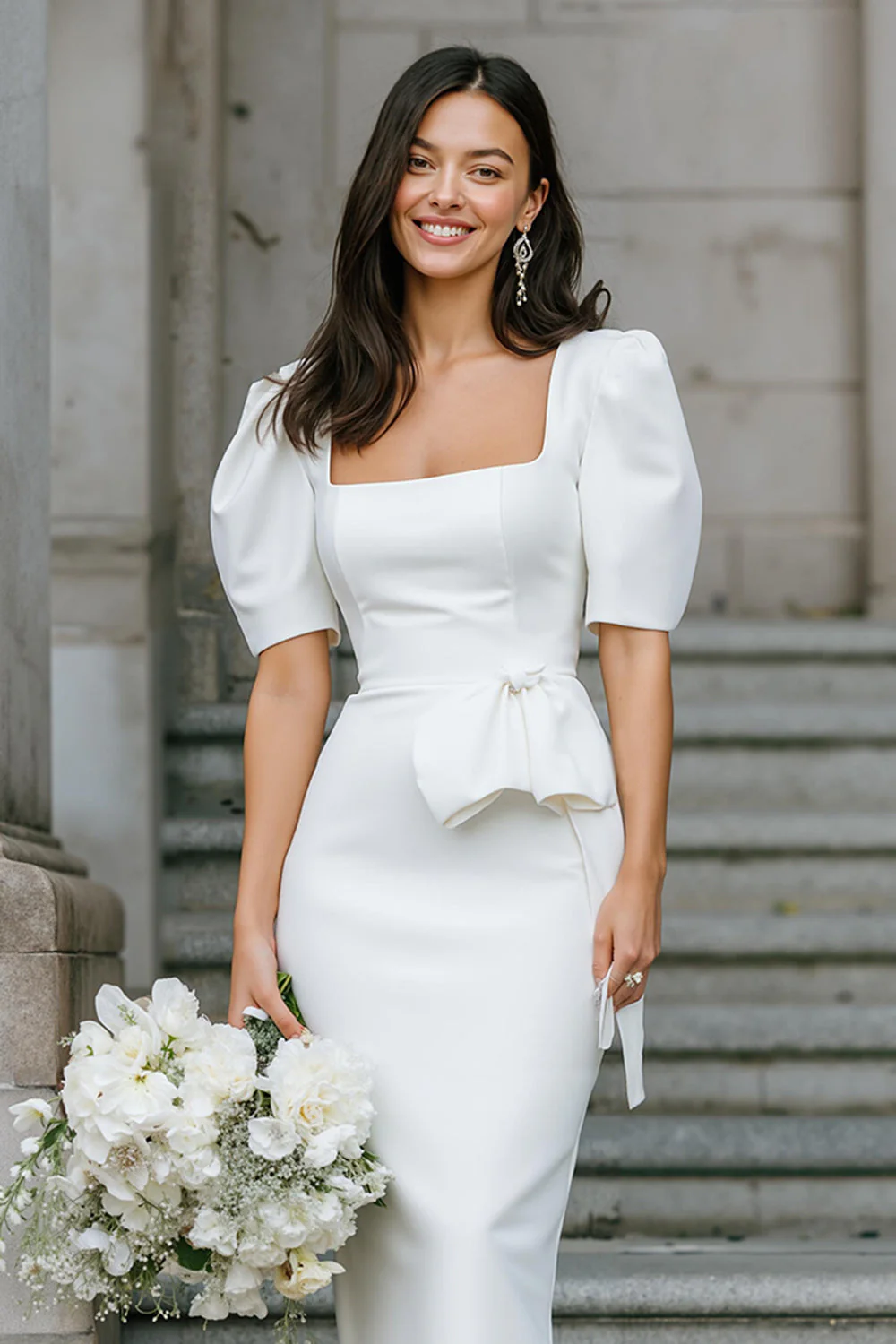 White Square Neck Sheath Midi Wedding Dress - Image 3