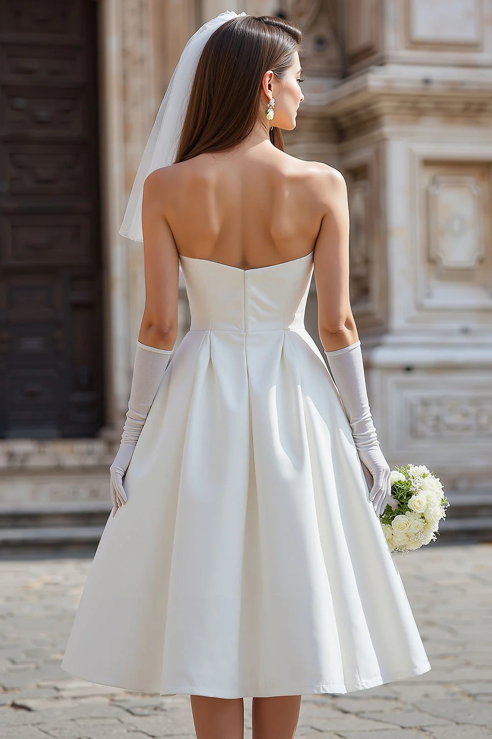 White Strapless A Line Midi Wedding Dress with Bow (without Gloves) - Image 2