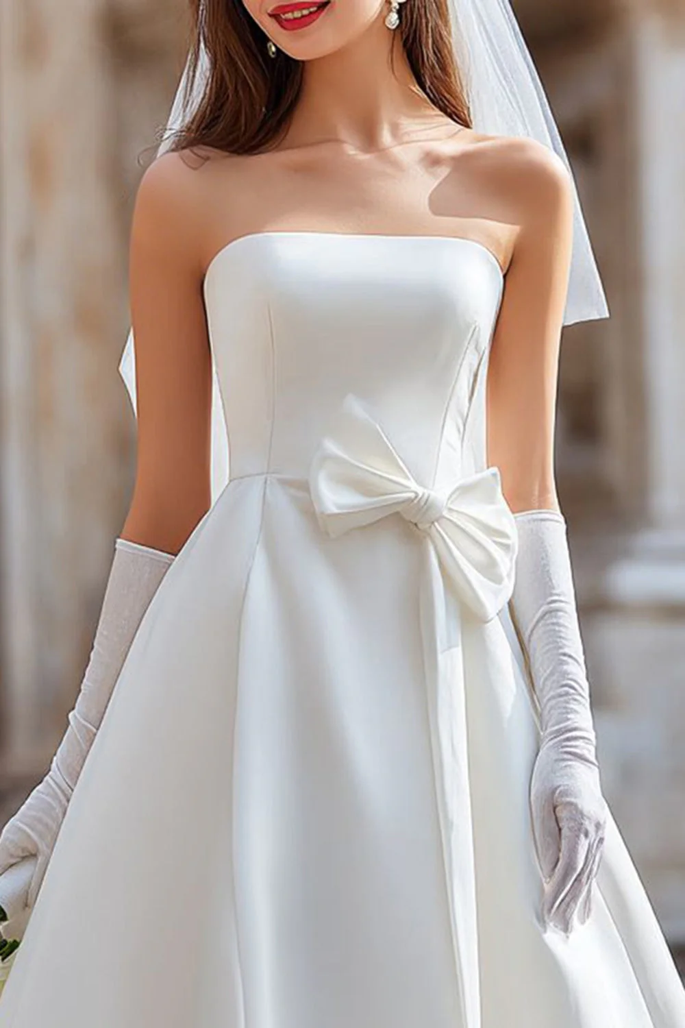 White Strapless A Line Midi Wedding Dress with Bow (without Gloves) - Image 3