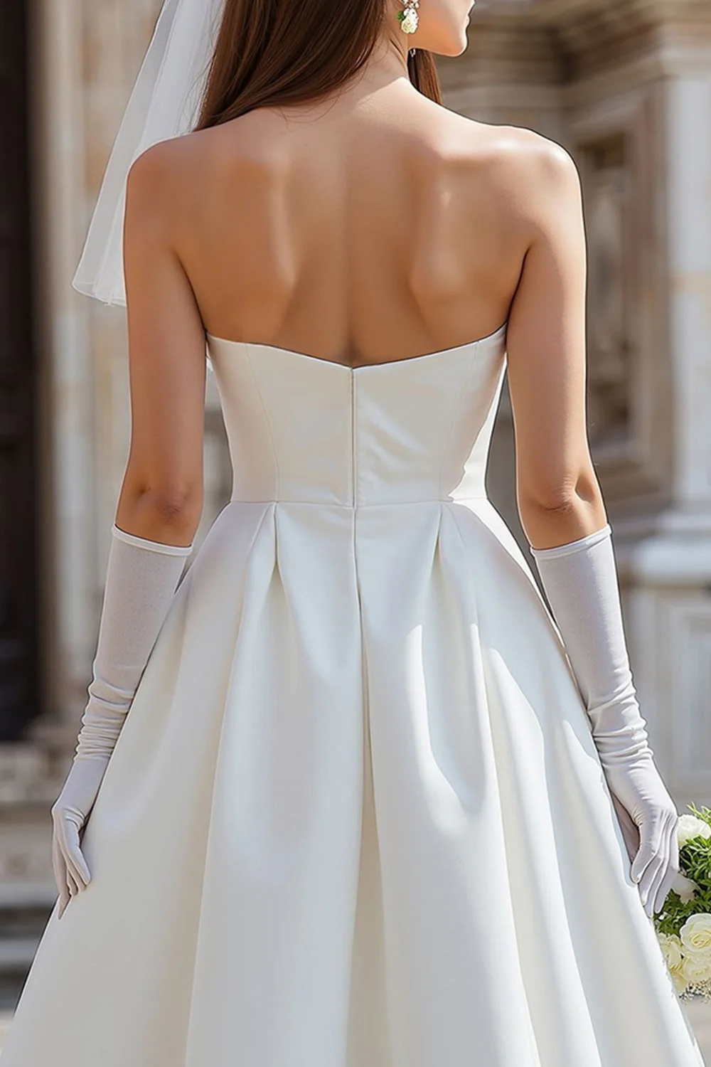 White Strapless A Line Midi Wedding Dress with Bow (without Gloves) - Image 4