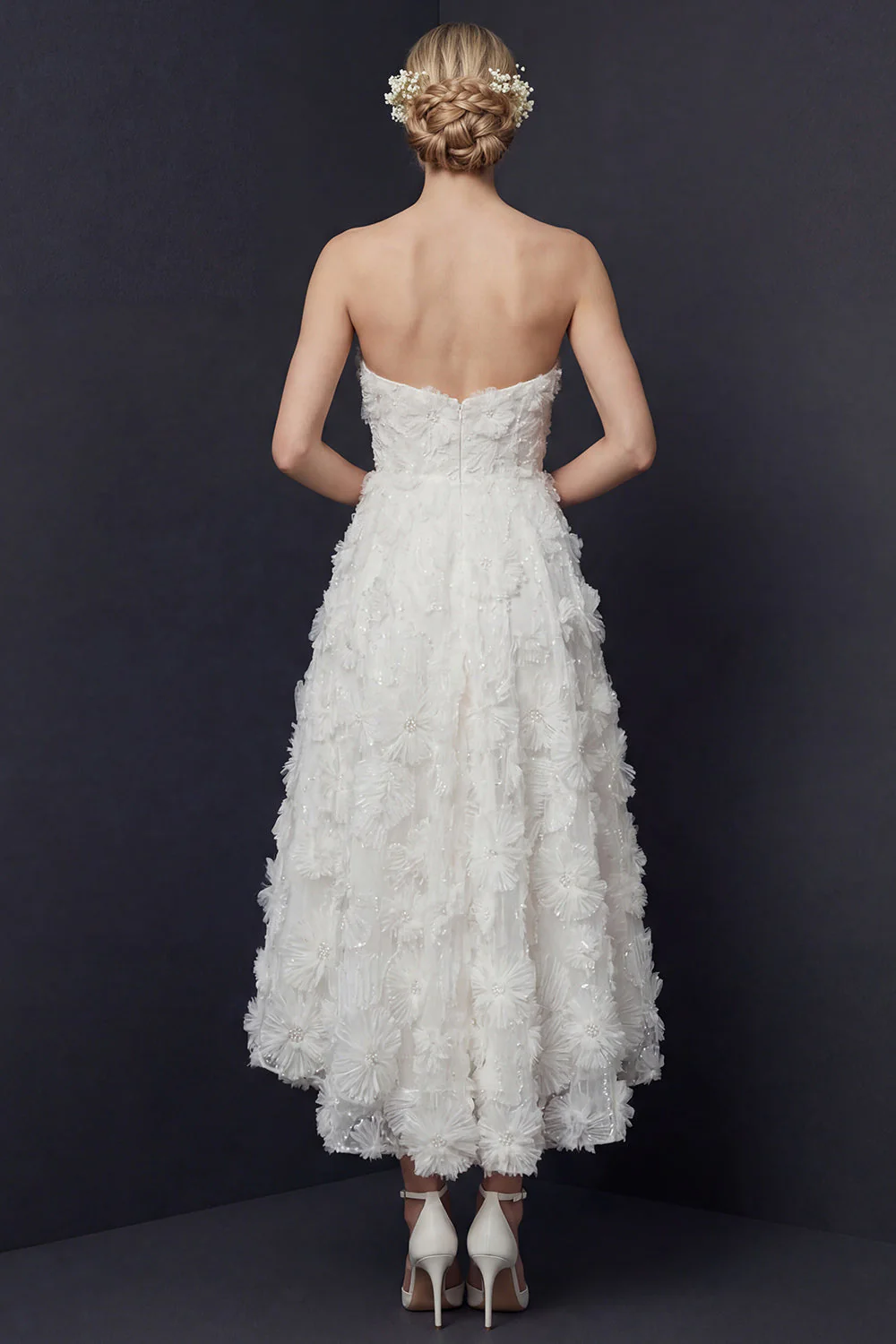 White Strapless High-Low A Line Wedding Dress with 3D Flowers - Image 2