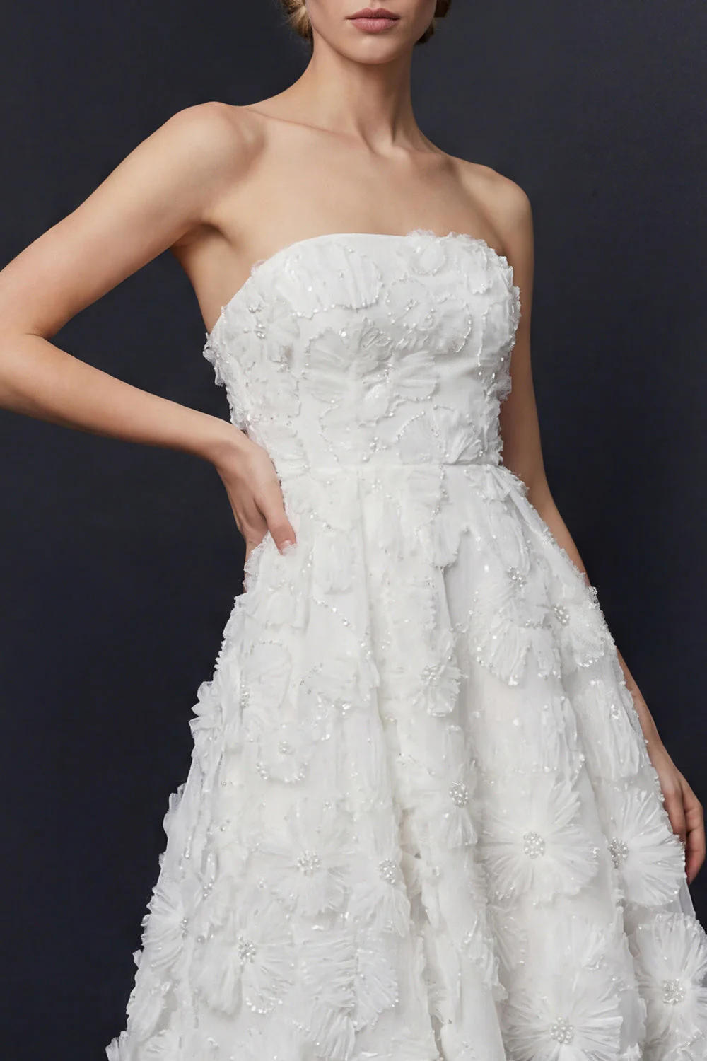 White Strapless High-Low A Line Wedding Dress with 3D Flowers - Image 3