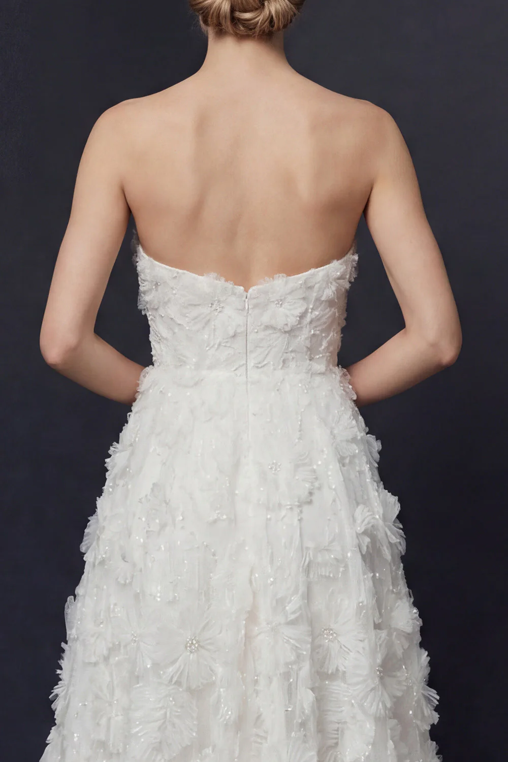 White Strapless High-Low A Line Wedding Dress with 3D Flowers - Image 4