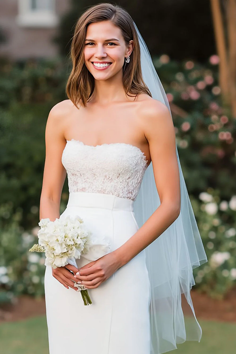 White Lace Strapless Sheath Midi Wedding Dress with Slit - Image 3