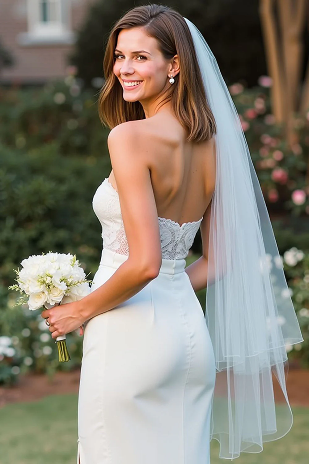White Lace Strapless Sheath Midi Wedding Dress with Slit - Image 4